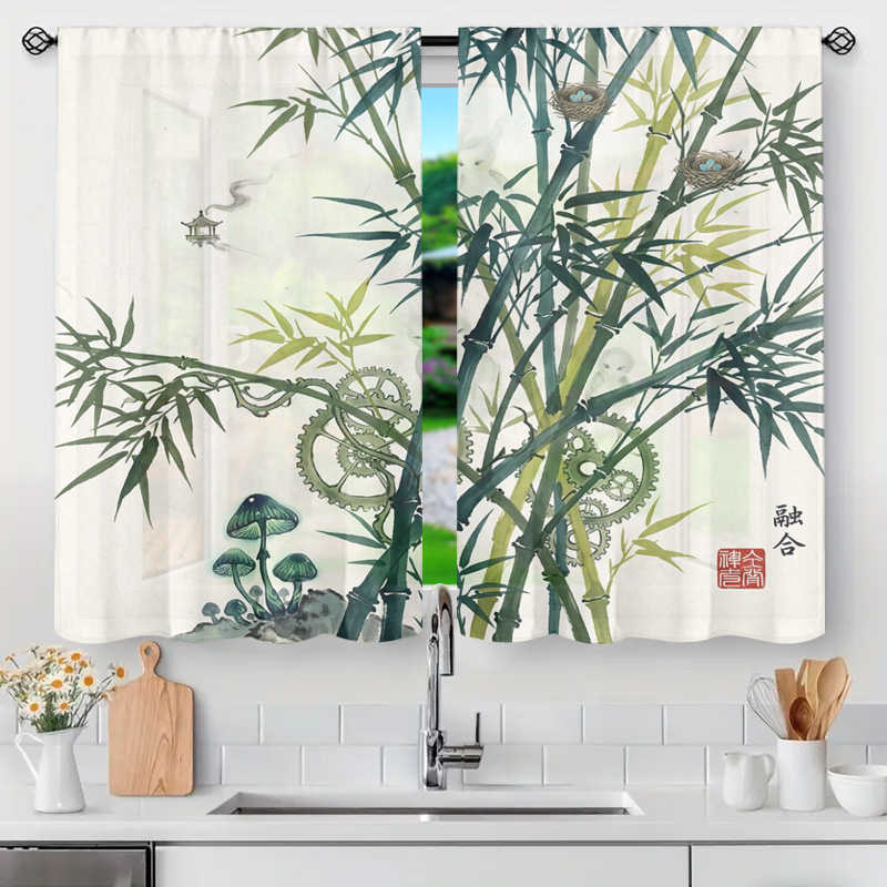 Home Office Japandi - Decorative Bamboo Pattern Curtain Panels Semi
