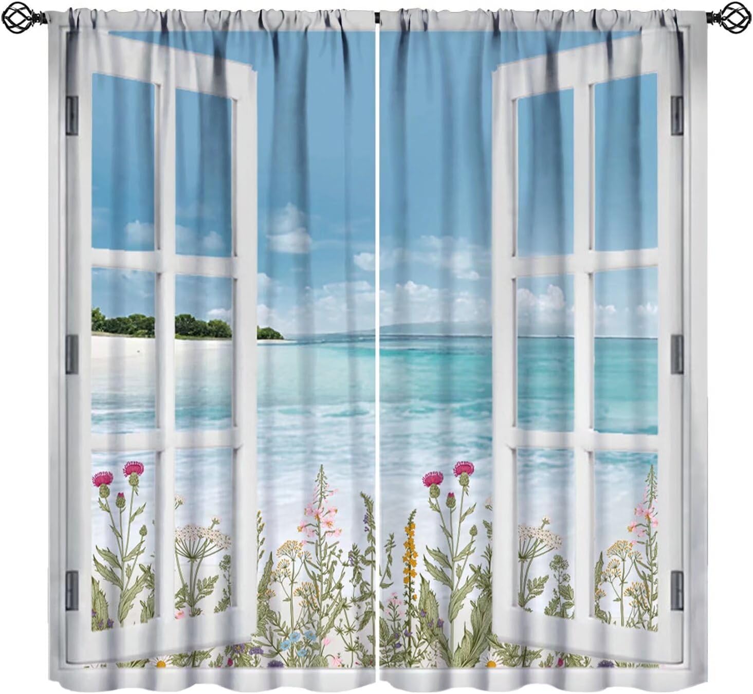 Home Office With View - Polyester Tropical Coastal Beach Curtains Floral
