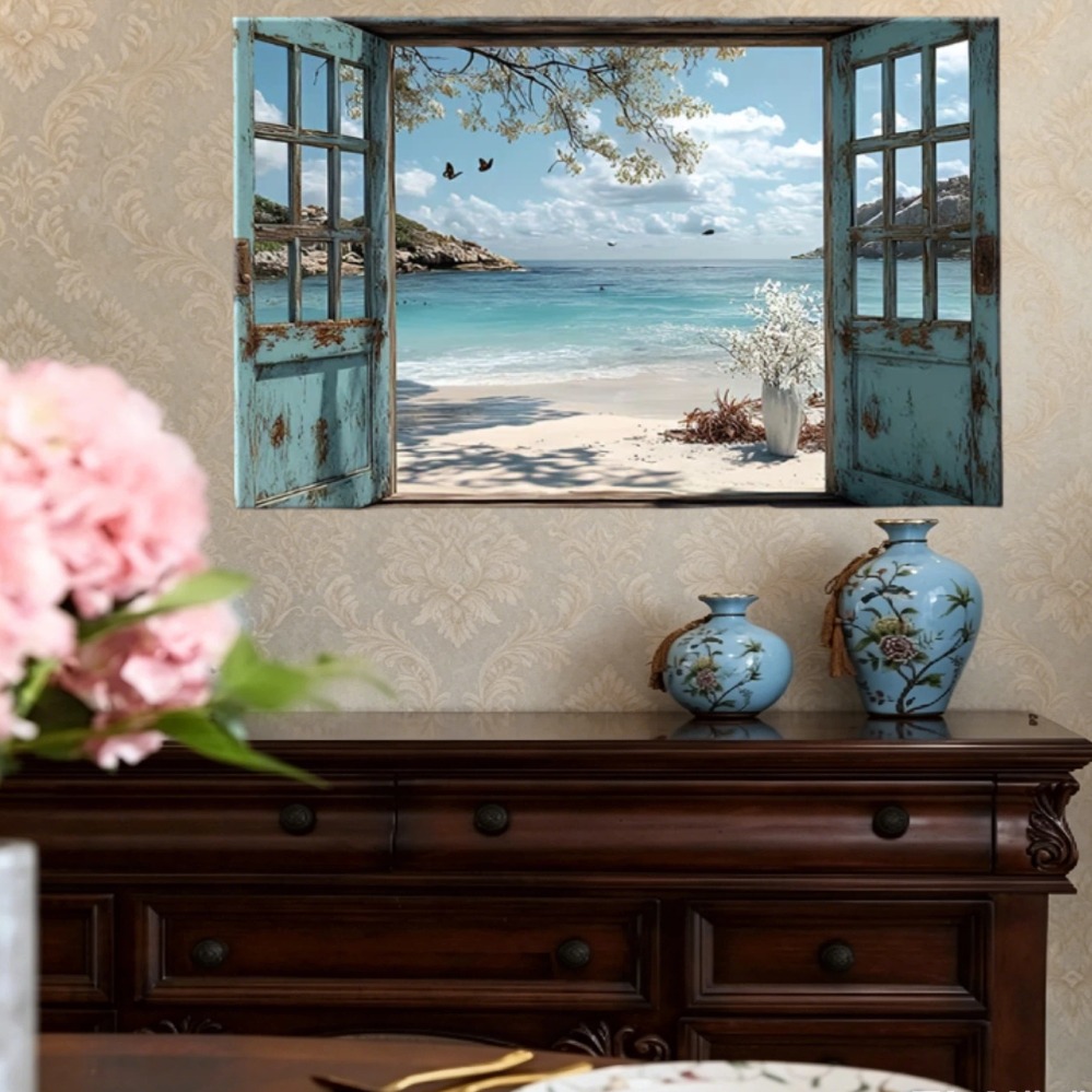 Home Office With View - Door Opening to Ocean View Print,Modern