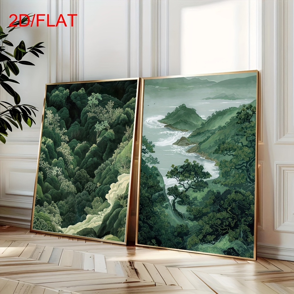 Home Office Image - 2pcs Modern Green Forest Mountain Canvas